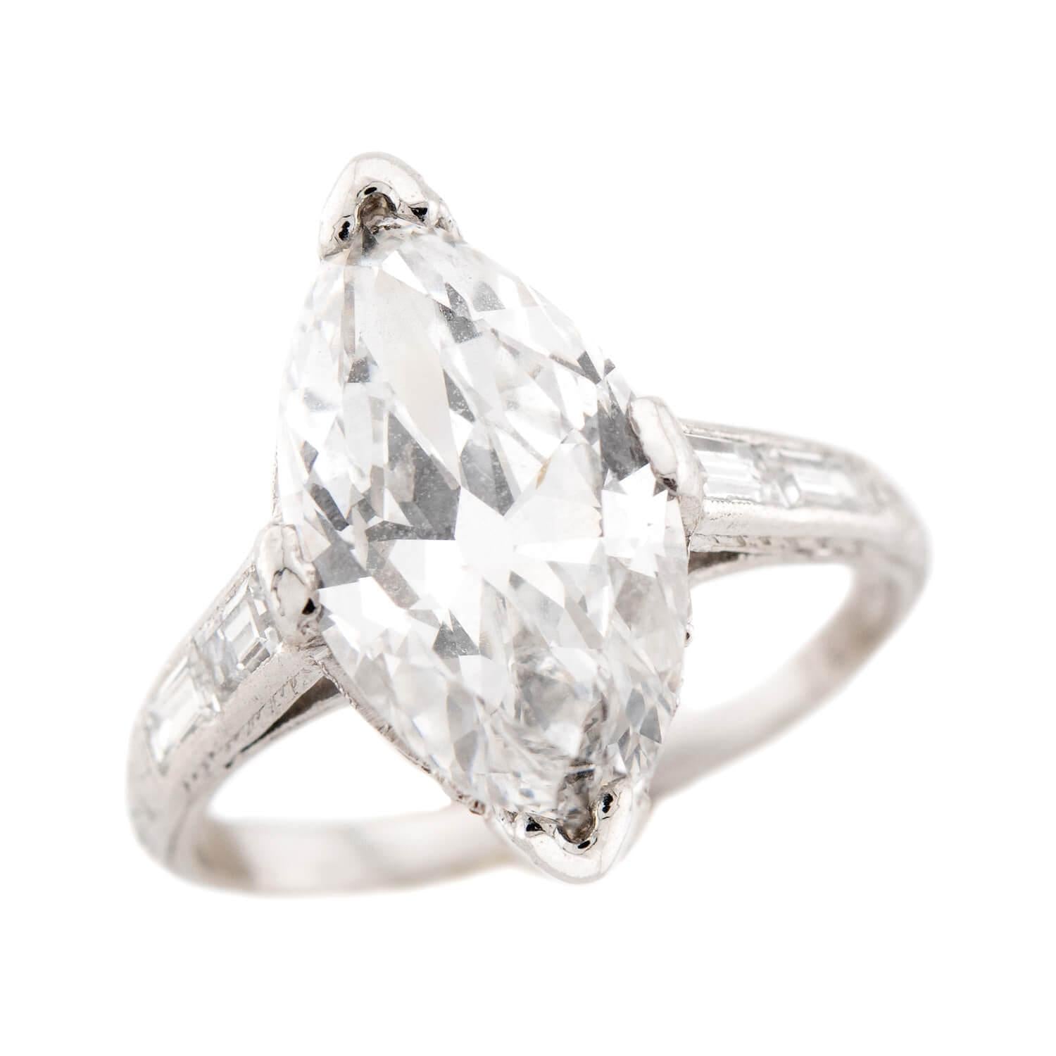 Art Deco Platinum GIA Marquise Diamond Engagement Ring 3.34ct