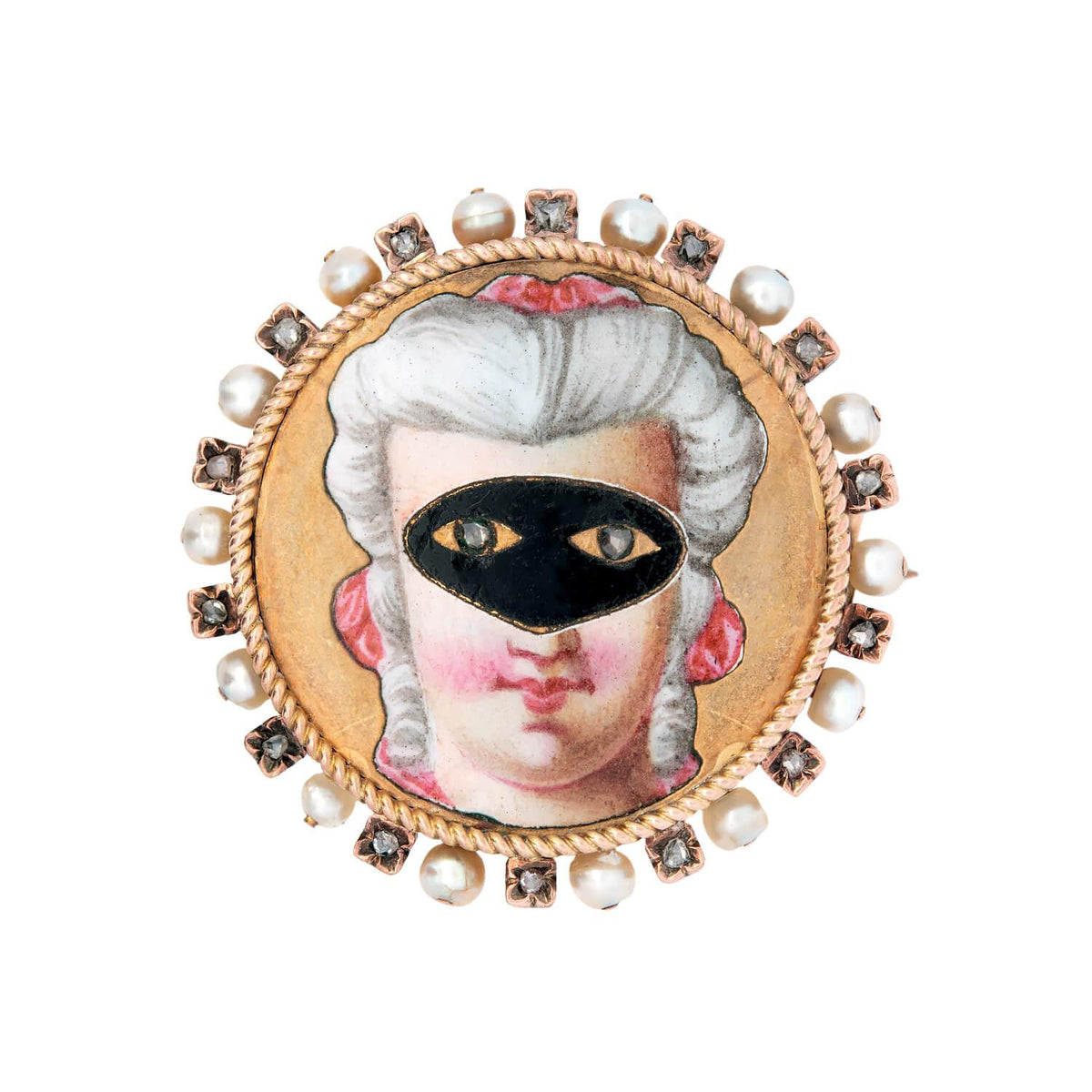 Victorian 18k Diamond and Pearl Enameled Masked Woman Pin/Pendant