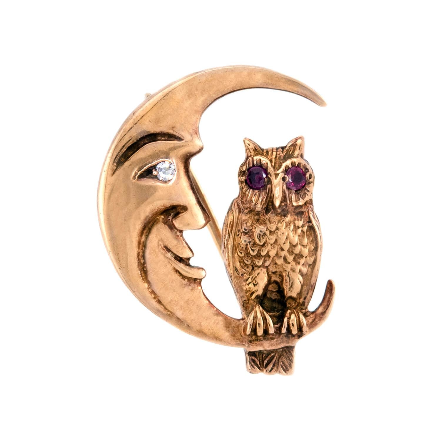 Estate English 9k Garnet & Diamond Owl/Moon-Motif Pin