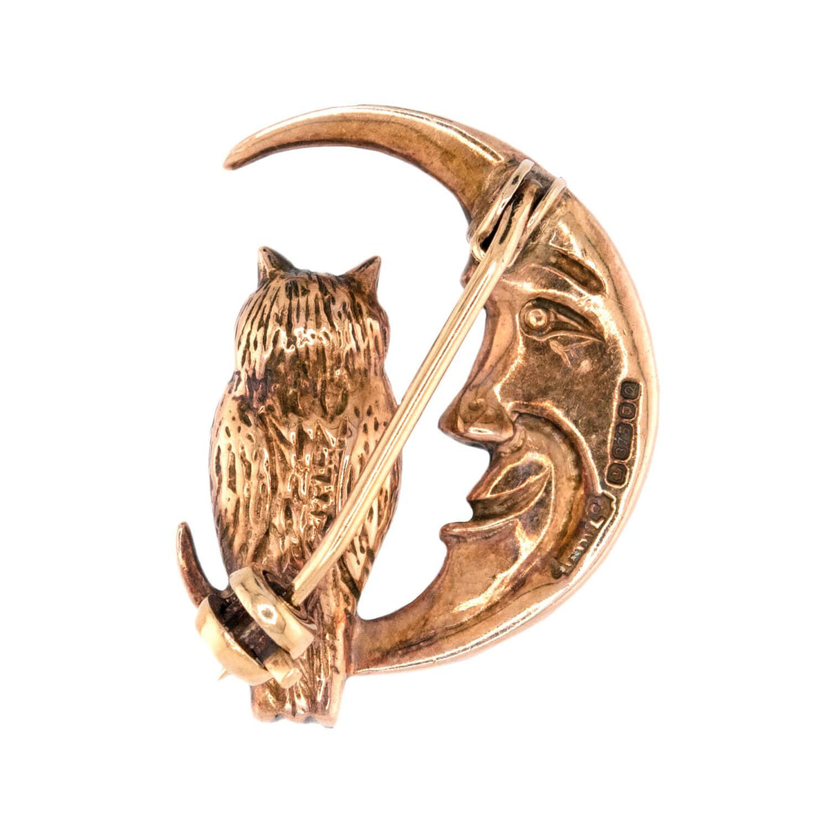 Estate English 9k Garnet & Diamond Owl/Moon-Motif Pin