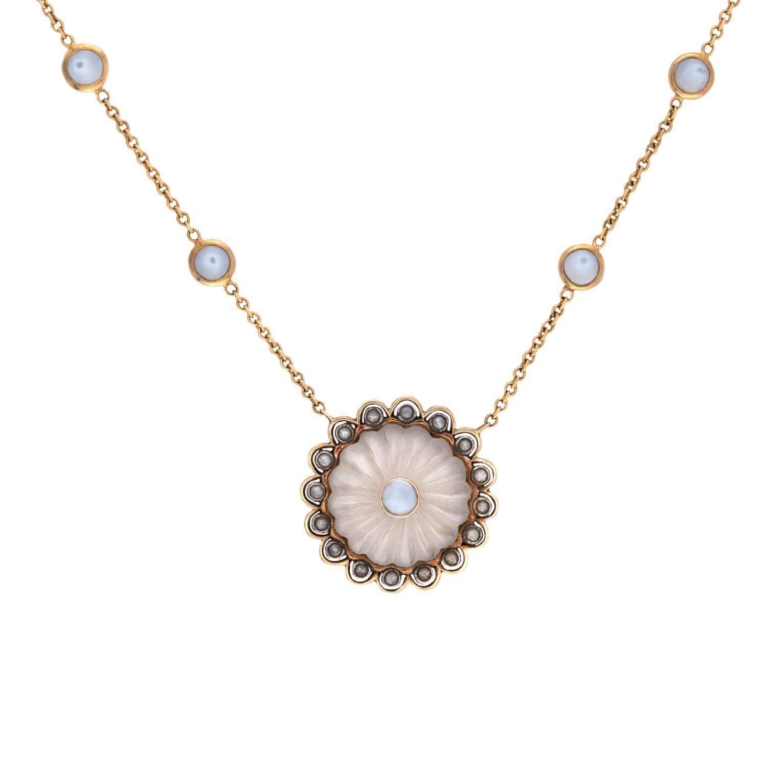 Estate 18k Moonstone, Rock Quartz Crystal, and White Sapphire Pendant Necklace