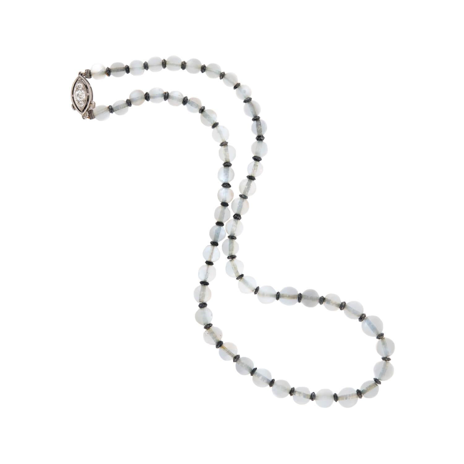 Edwardian Platinum Moonstone & Diamond Bead Necklace