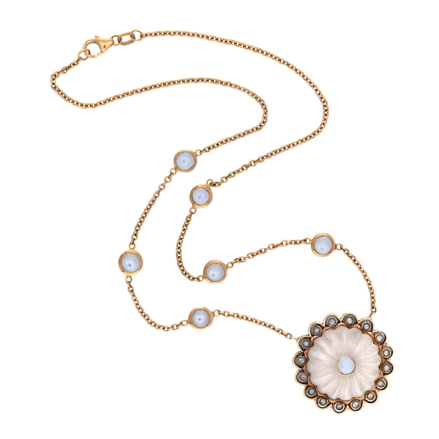 Estate 18k Moonstone, Rock Quartz Crystal, and White Sapphire Pendant Necklace