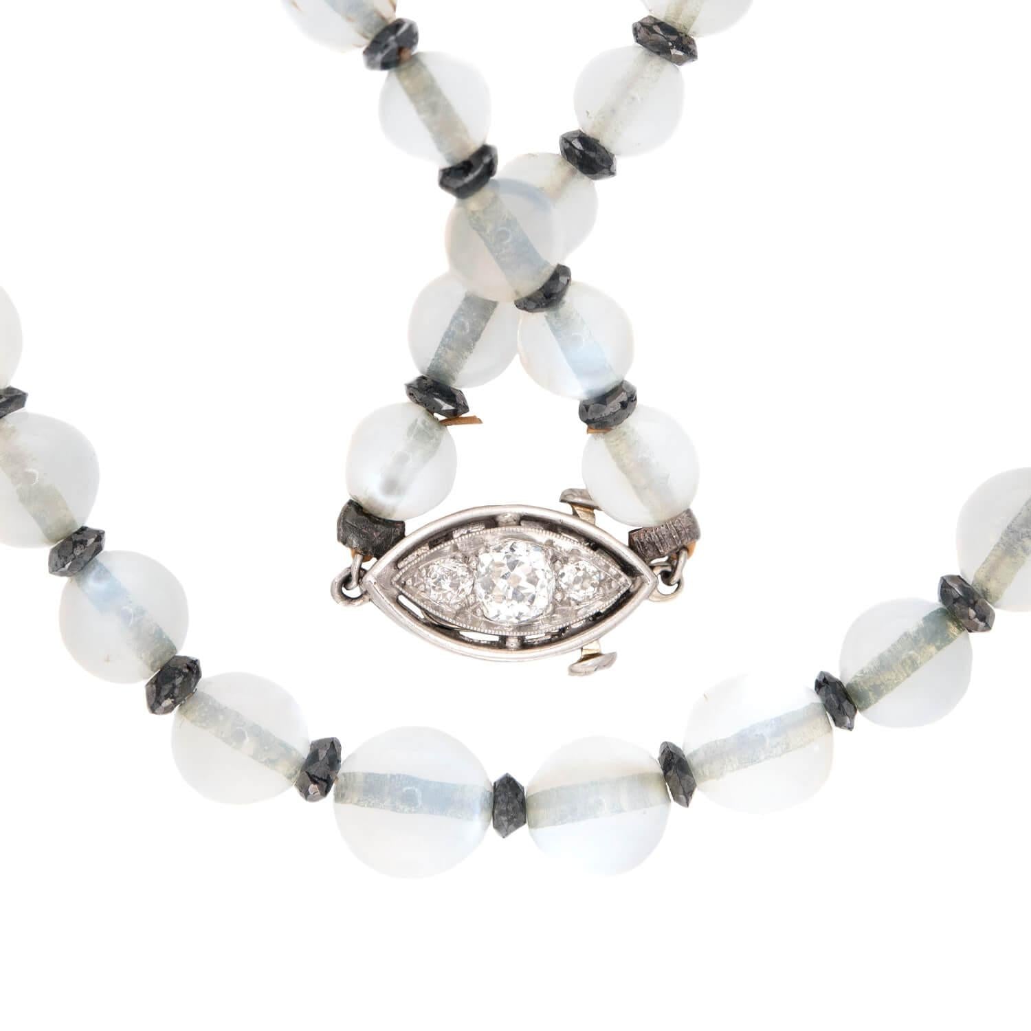 Edwardian Platinum Moonstone & Diamond Bead Necklace