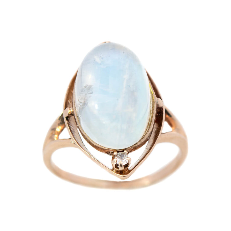 Arts & Crafts 12k Rose Gold Moonstone + Diamond Ring