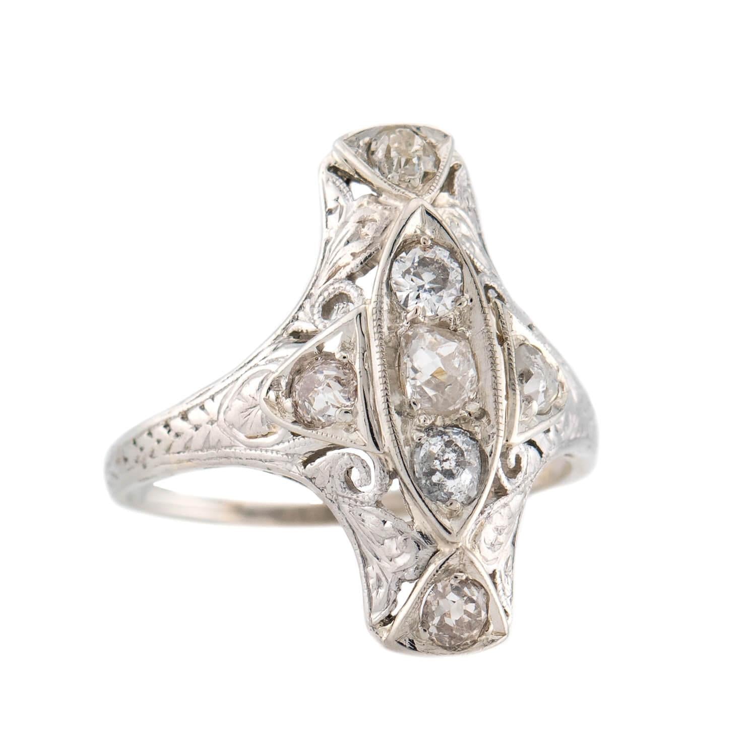 Art Deco 18k/Platinum Diamond Navette Ring