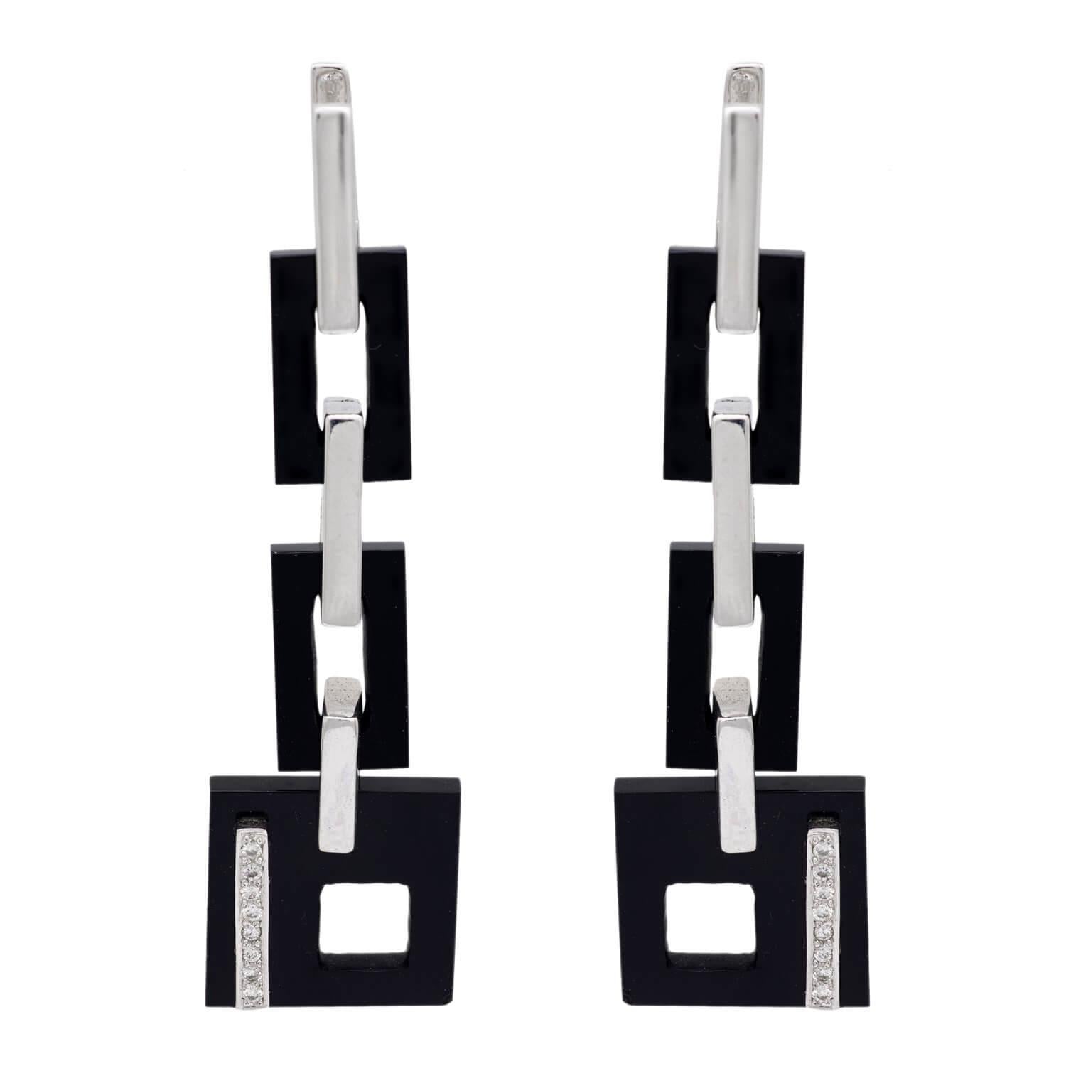Vintage 18k Onyx & Diamond Geometric Drop Earrings