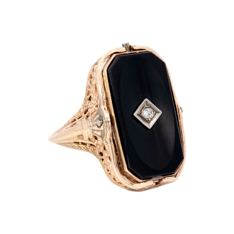 Art Deco 14kt Onyx & Diamond Cameo Flip Ring