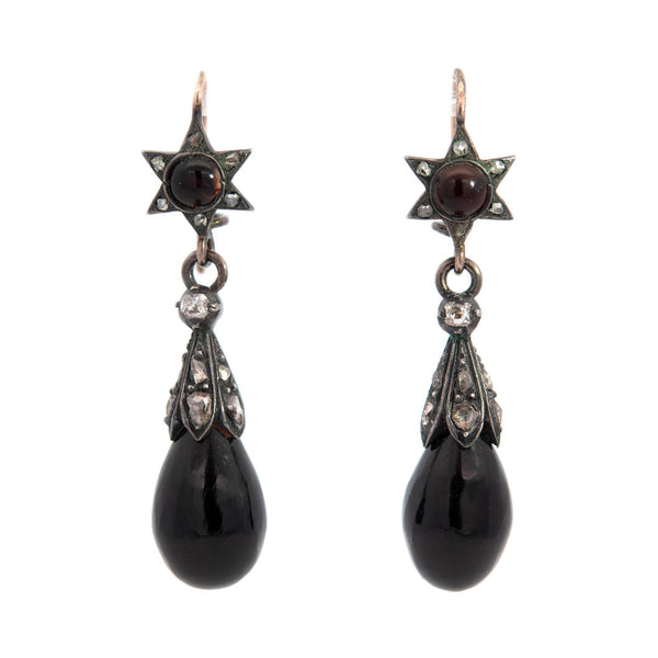 Victorian Sterling Silver Rose Cut Diamond + Onyx Earrings