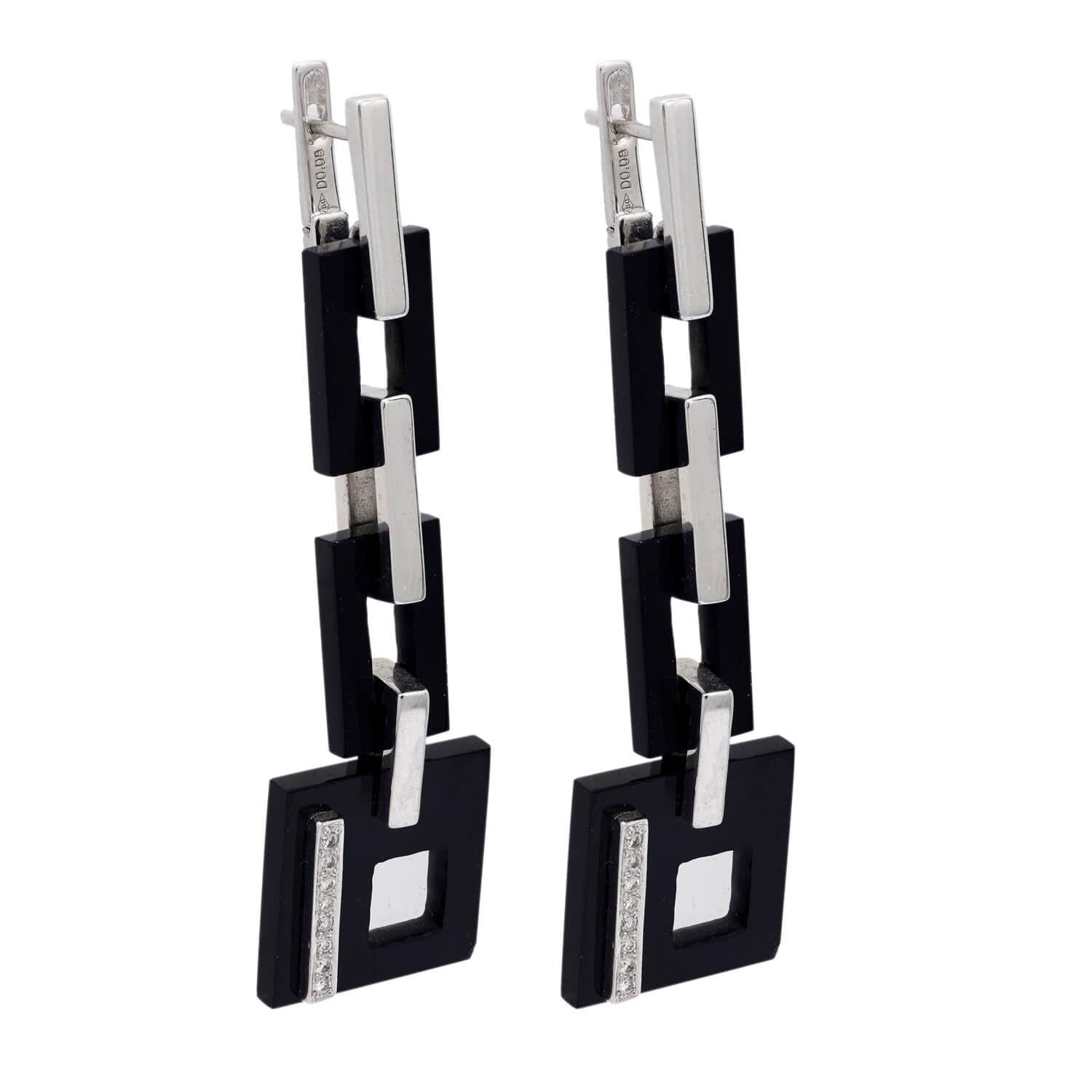 Vintage 18k Onyx & Diamond Geometric Drop Earrings