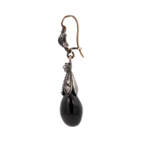 Victorian Sterling Silver Rose Cut Diamond + Onyx Earrings