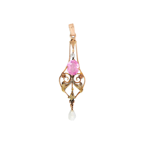 Art Nouveau 14K Pink Tourmaline + Pearl Lavalier Pendant