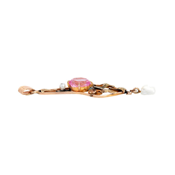 Art Nouveau 14K Pink Tourmaline + Pearl Lavalier Pendant