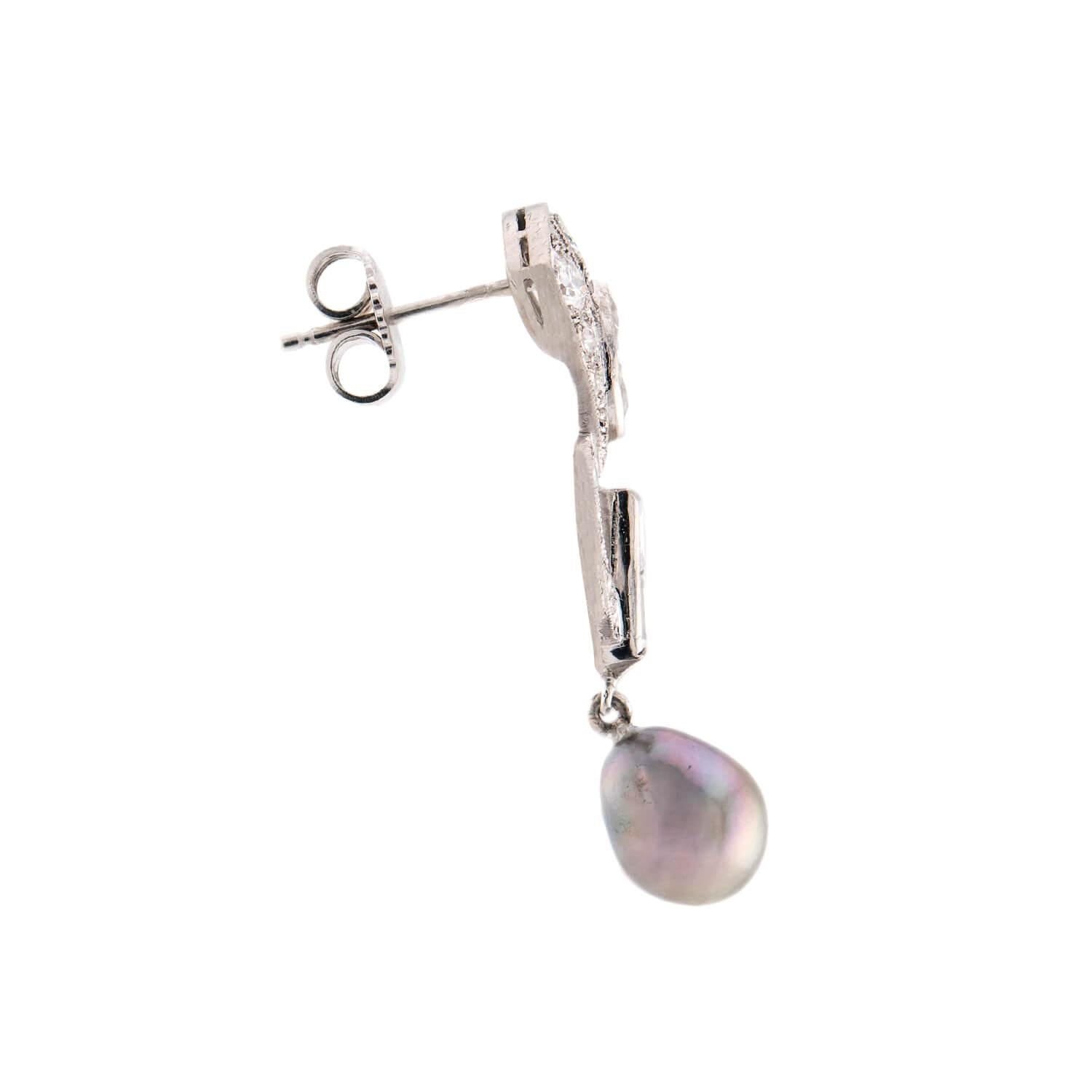 Art Deco Platinum/14K Diamond & Pearl Dangle Earrings