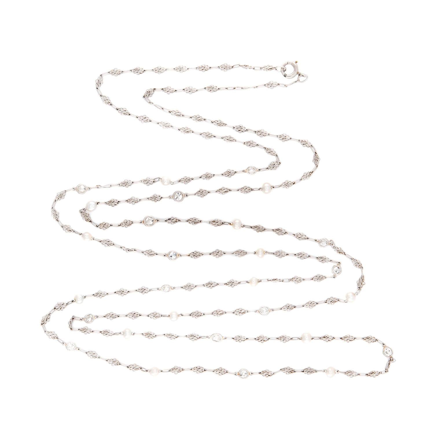 Edwardian Platinum Diamond and Pearl Chain 52"