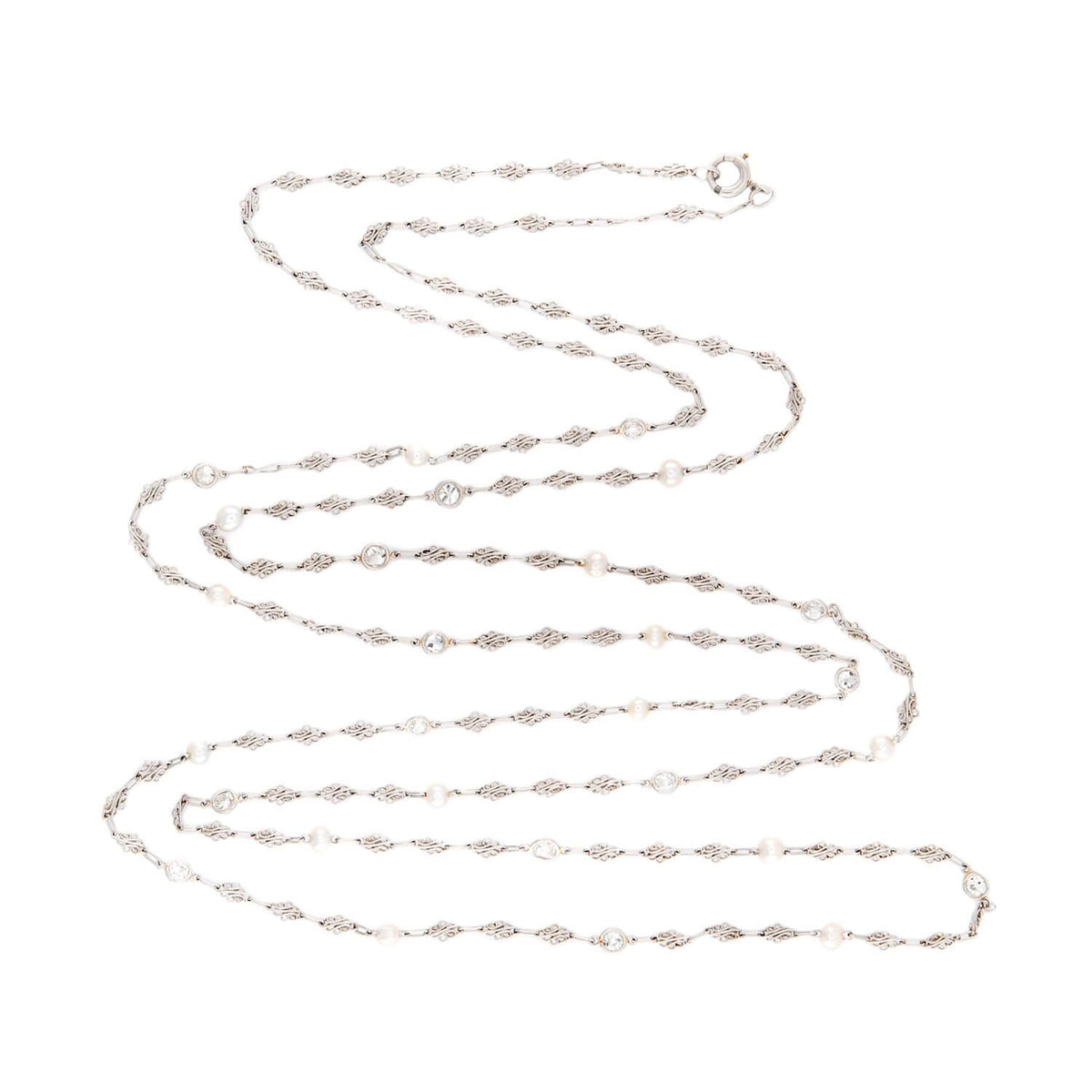 Edwardian Platinum Diamond and Pearl Chain 52"