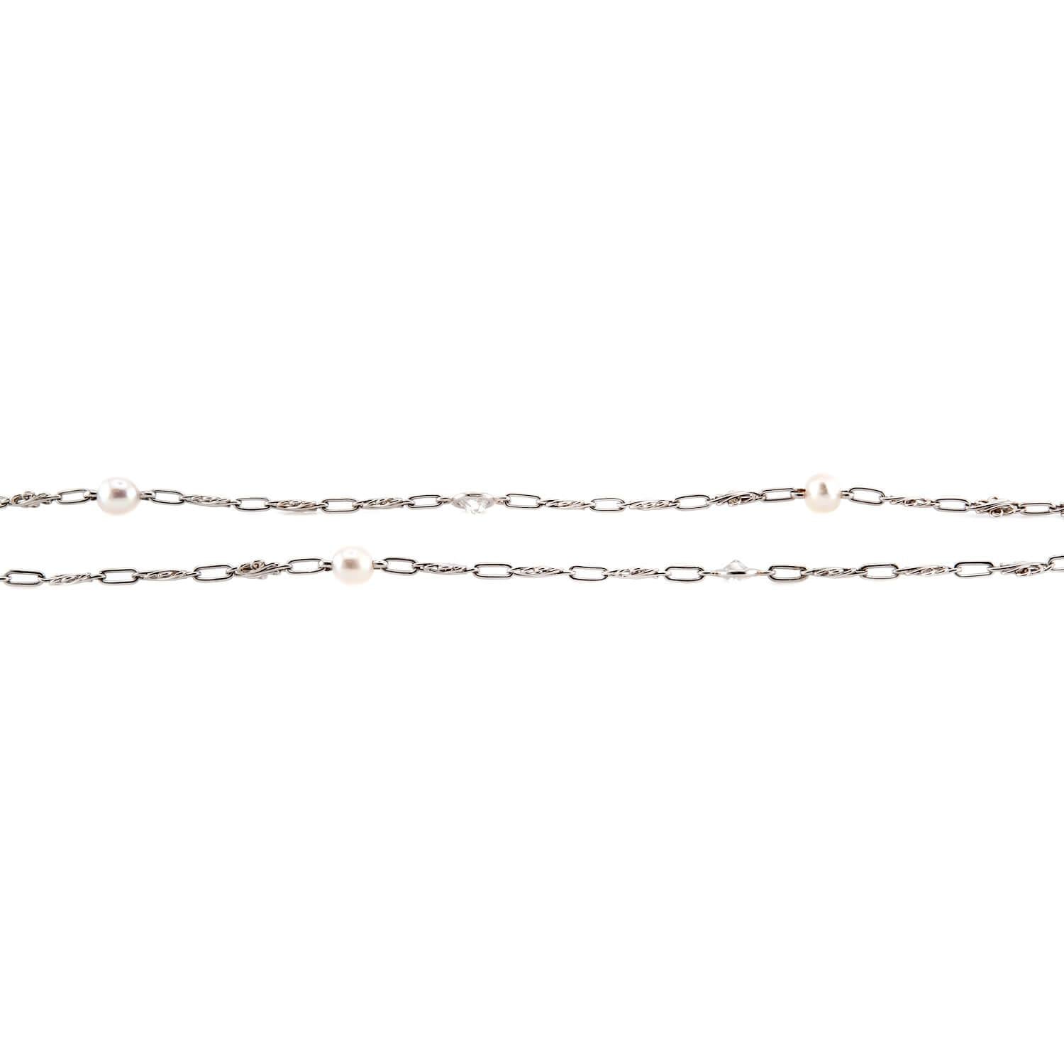 Edwardian Platinum Diamond and Pearl Chain 52"