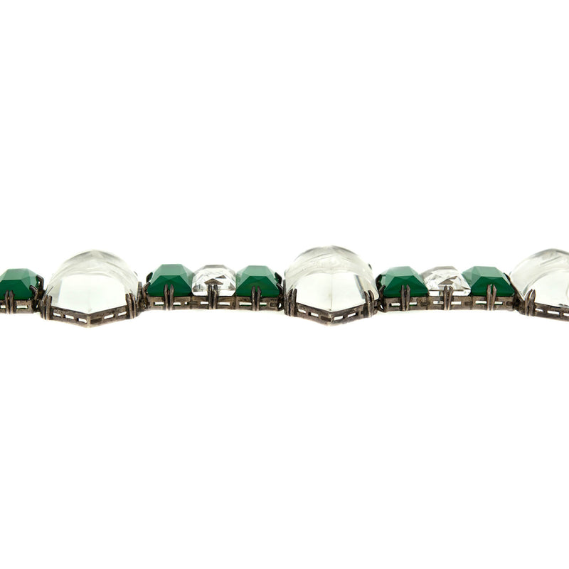 Art Deco Sterling Silver Rock Quartz + Chrysoprase Link Bracelet