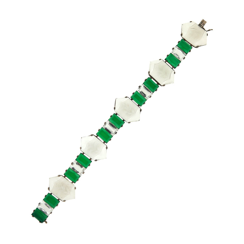 Art Deco Sterling Silver Rock Quartz + Chrysoprase Link Bracelet