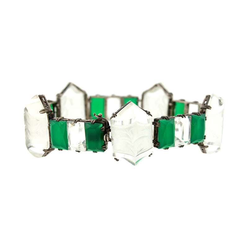 Art Deco Sterling Silver Rock Quartz + Chrysoprase Link Bracelet
