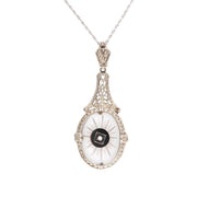 Art Deco 14k Rock Quartz Crystal, Onyx, and Diamond Pendant Necklace