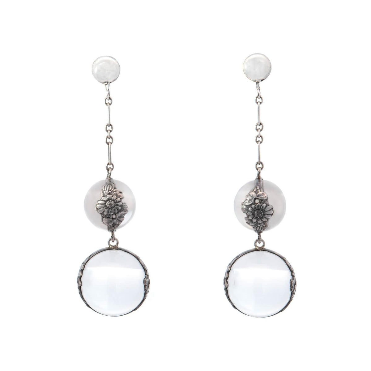 Art Nouveau Sterling Silver Rock Quartz Crystal Pools Of Light Earrings