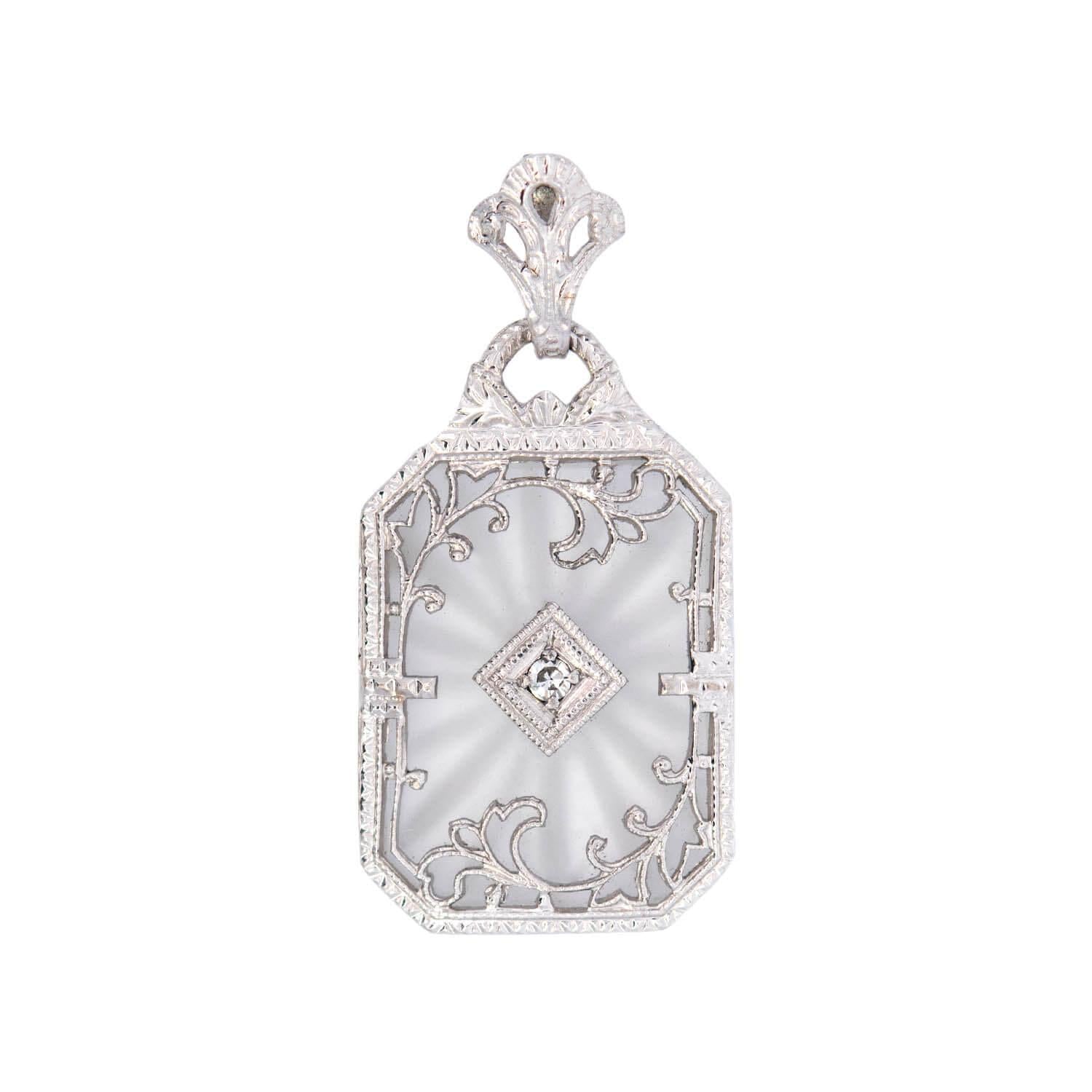 Art Deco 14k White Gold Diamond and Carved Rock Quartz Filigree Pendant