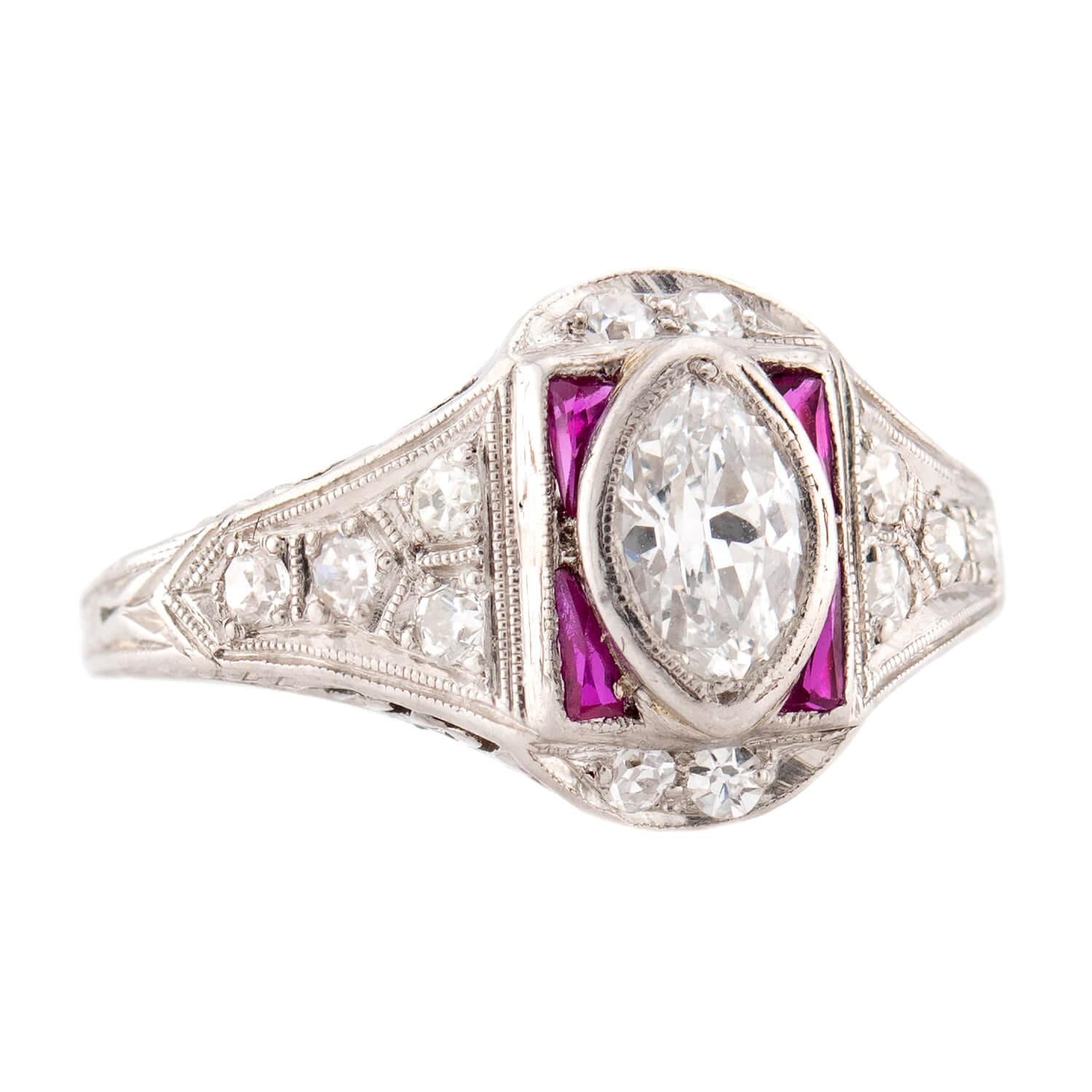 Art Deco Platinum Diamond & Ruby Engagement Ring .75ct