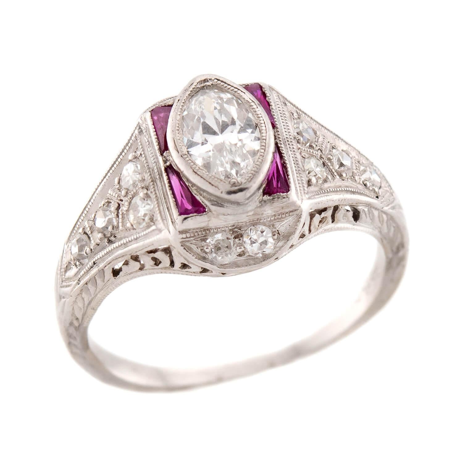 Art Deco Platinum Diamond & Ruby Engagement Ring .75ct