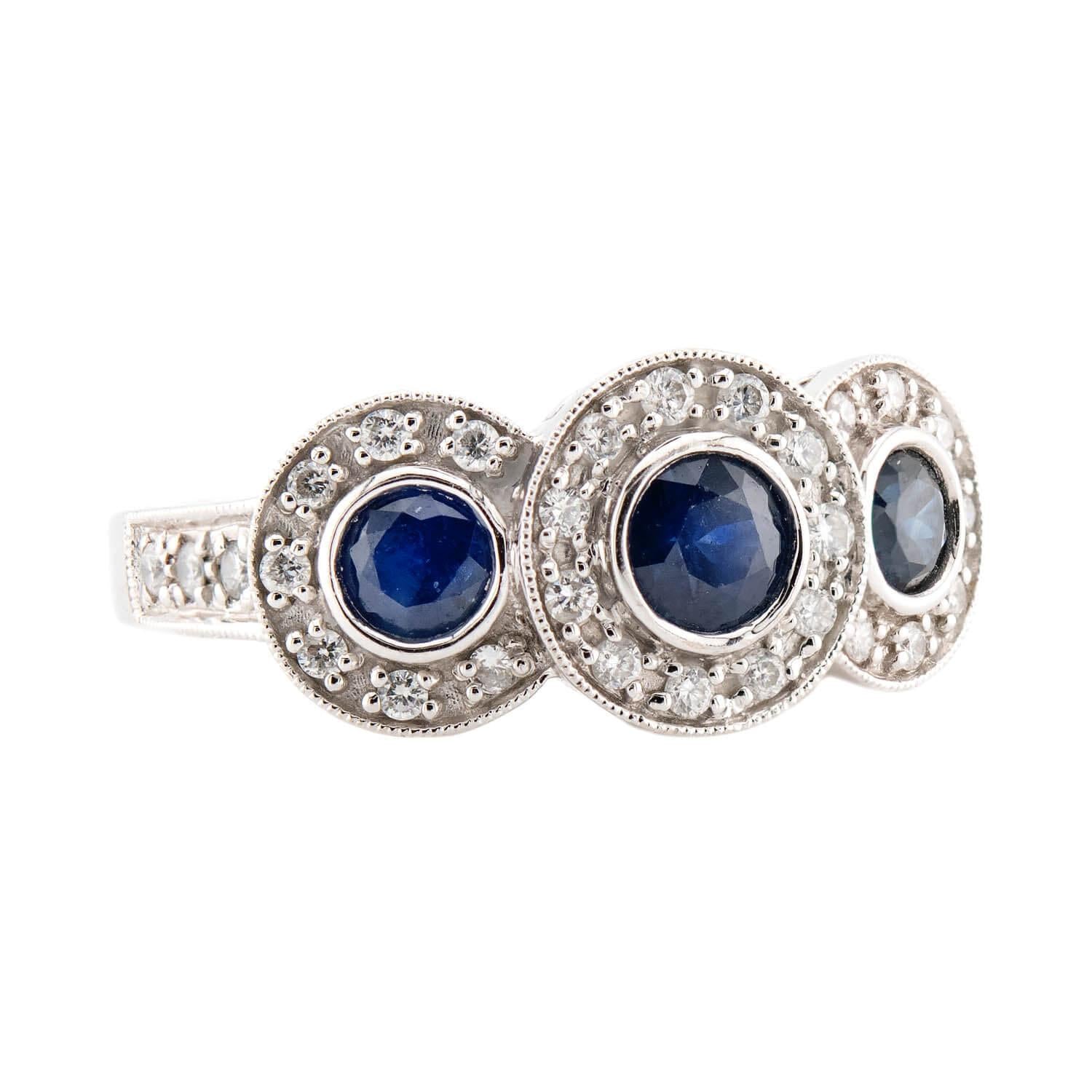 Estate 14K Sapphire & Diamond 3 Stone Ring