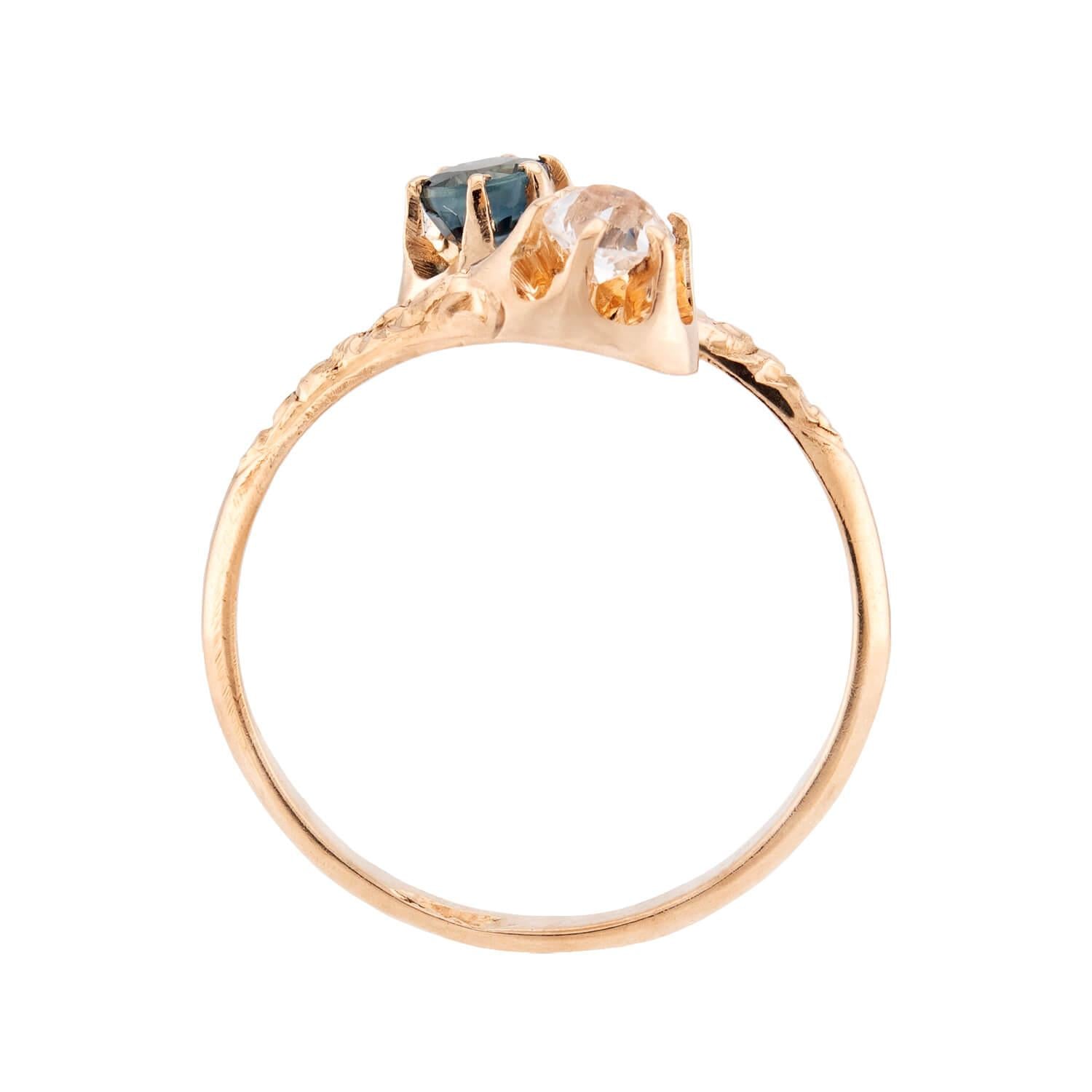 Art Nouveau 14k Sapphire & Diamond Moi et Toi Ring