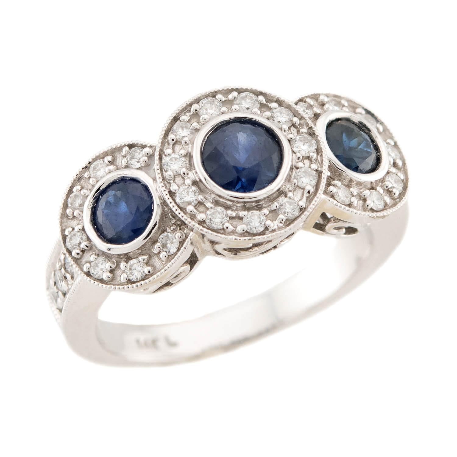 Estate 14K Sapphire & Diamond 3 Stone Ring