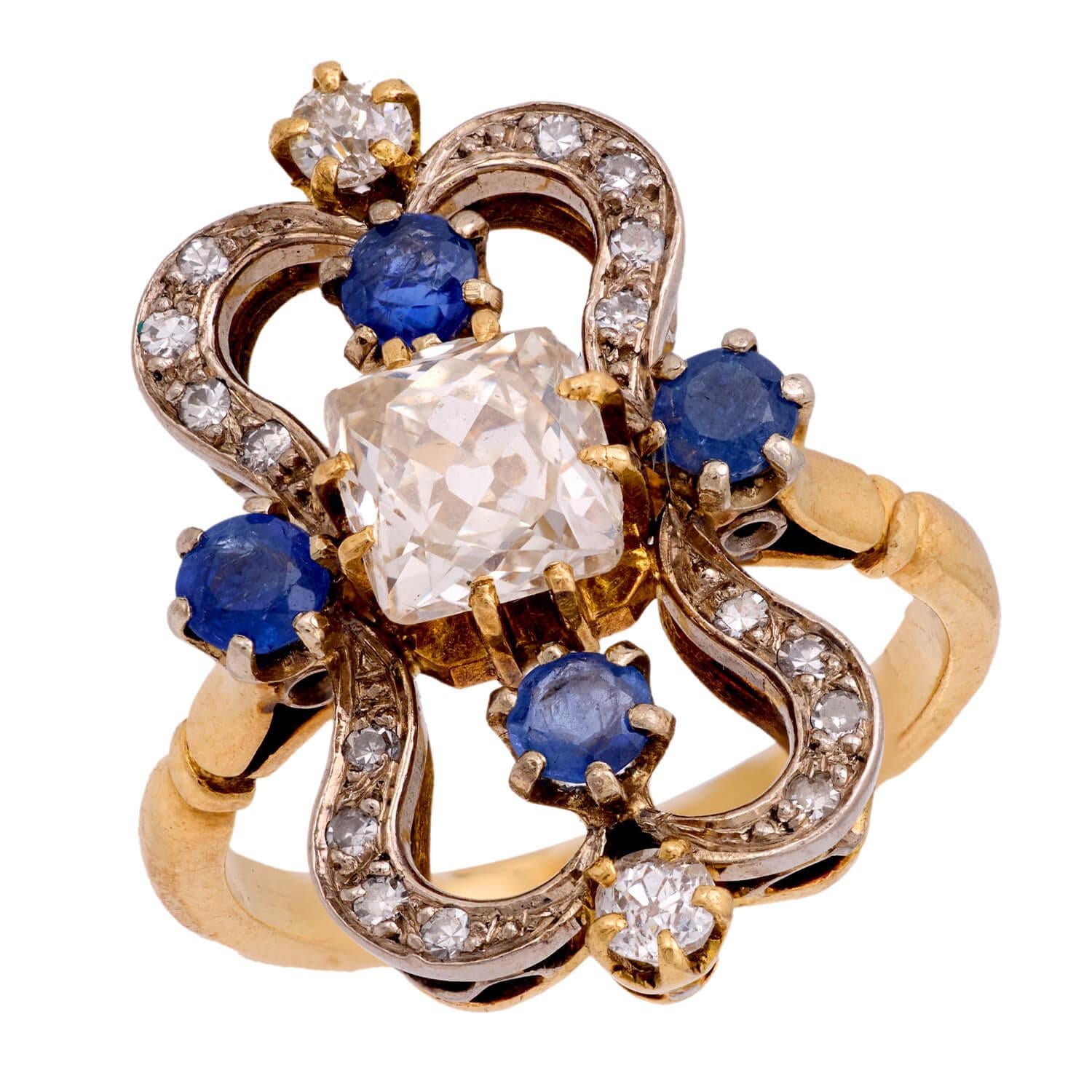 Art Nouveau 18k/Platinum Diamond and Sapphire Ring