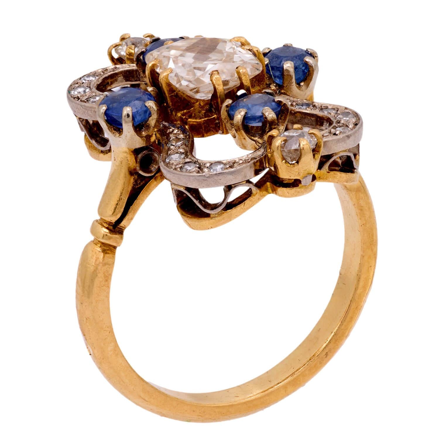 Art Nouveau 18k/Platinum Diamond and Sapphire Ring