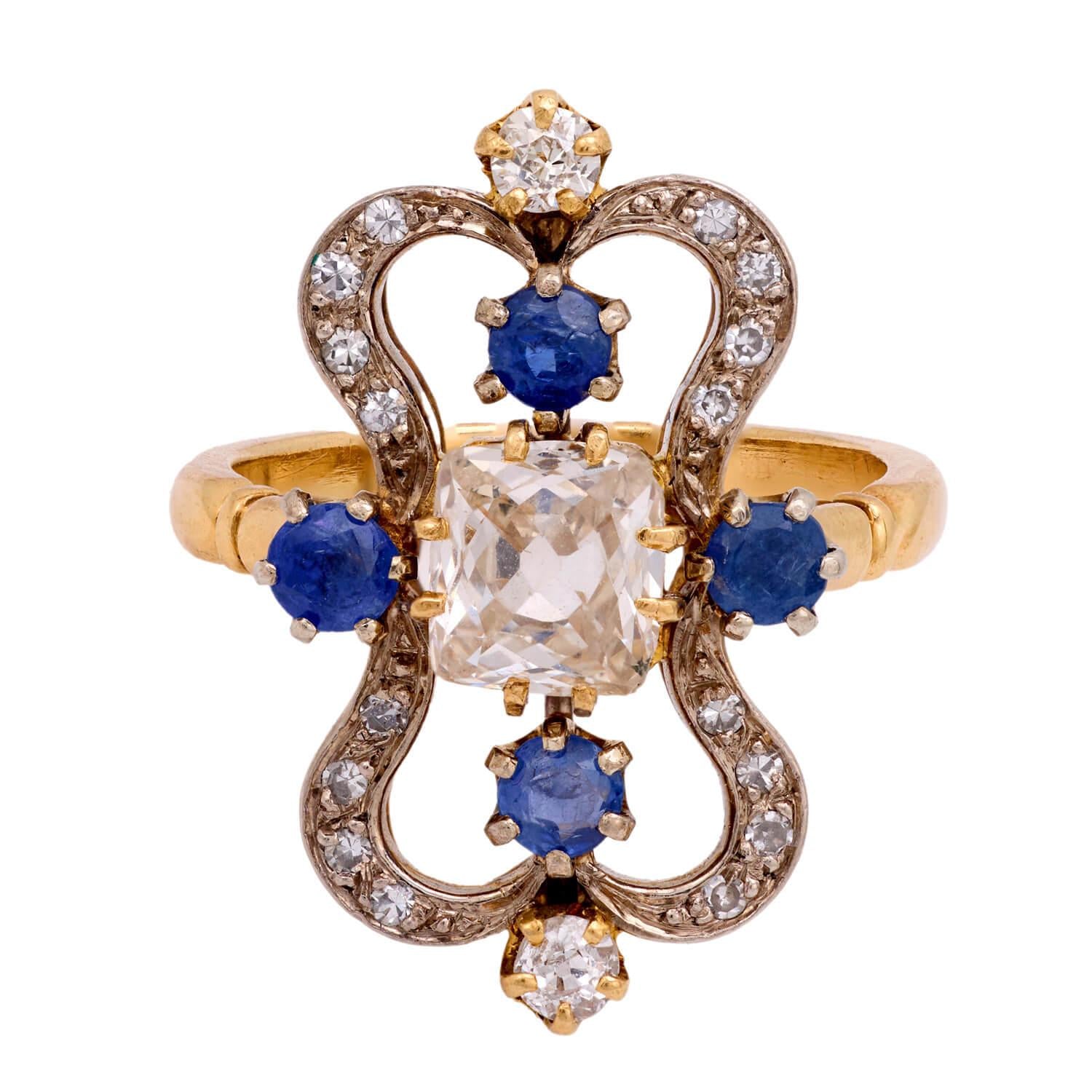 Art Nouveau 18k/Platinum Diamond and Sapphire Ring