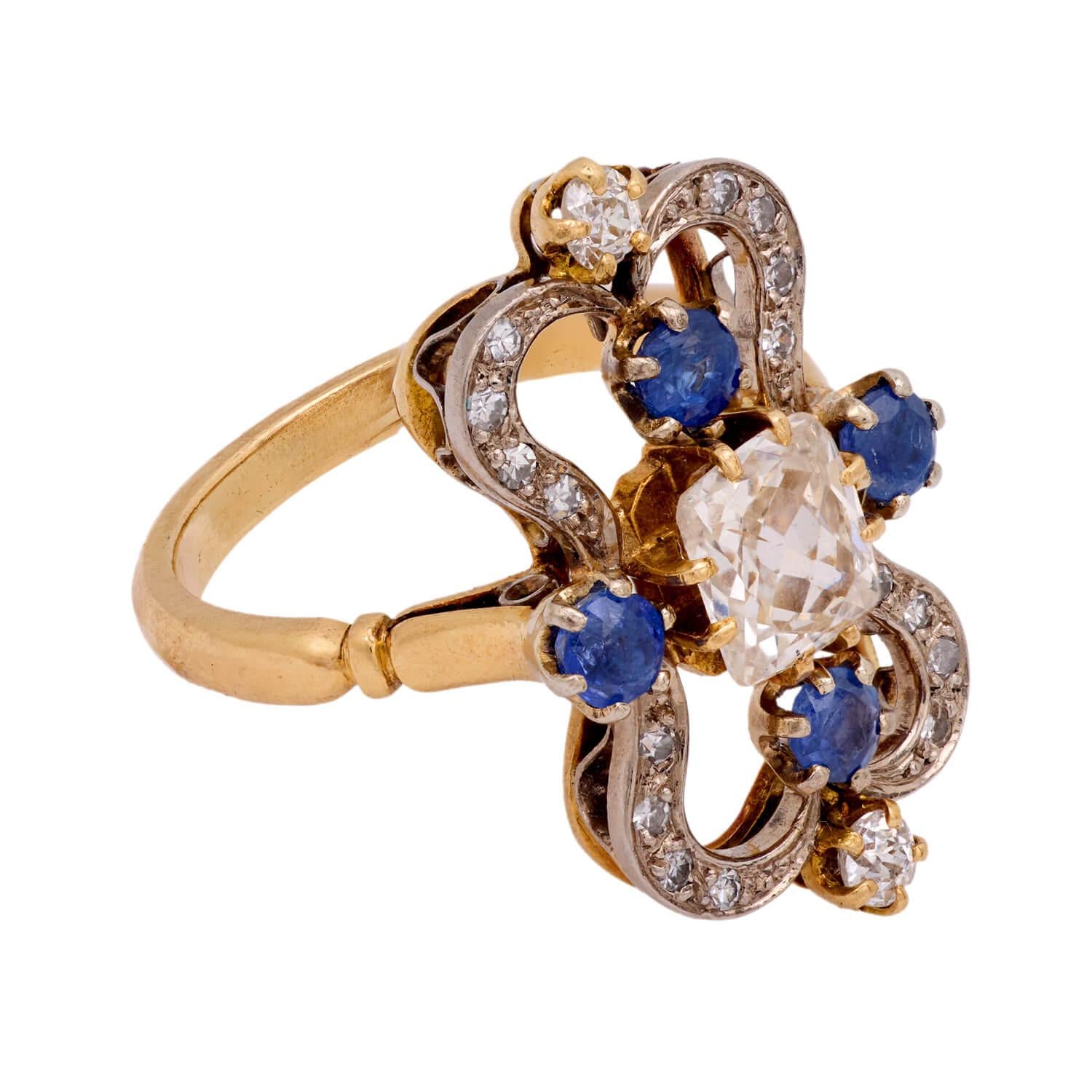 Art Nouveau 18k/Platinum Diamond and Sapphire Ring
