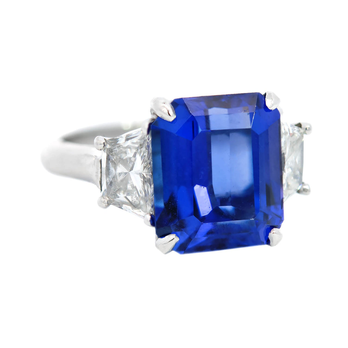 Estate Platinum Emerald Cut Tanzanite + Diamond Ring 6ctw
