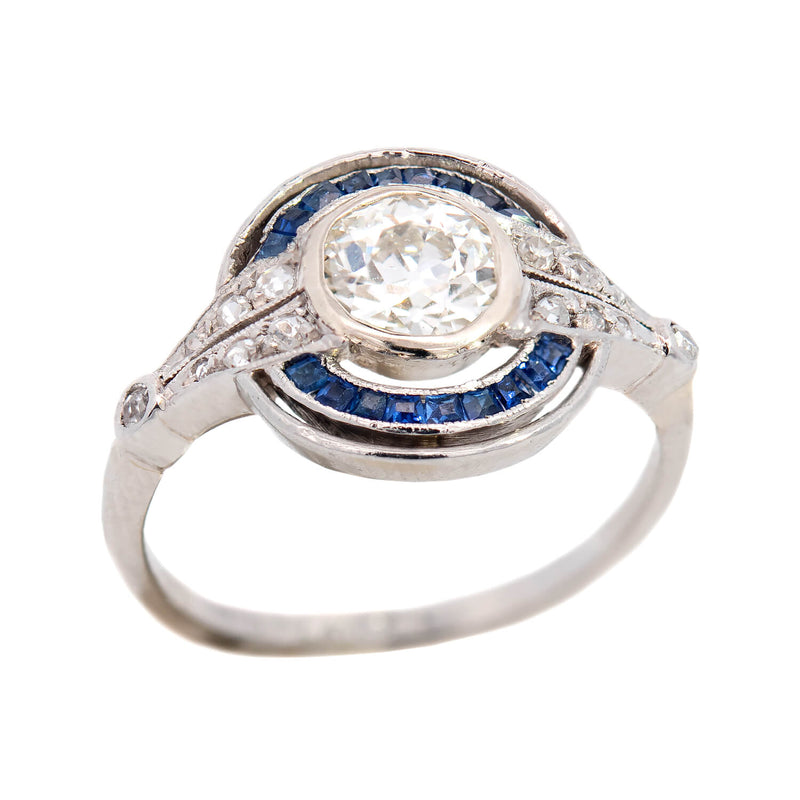 Art Deco Platinum Sapphire & Diamond Engagement Ring .75ctw