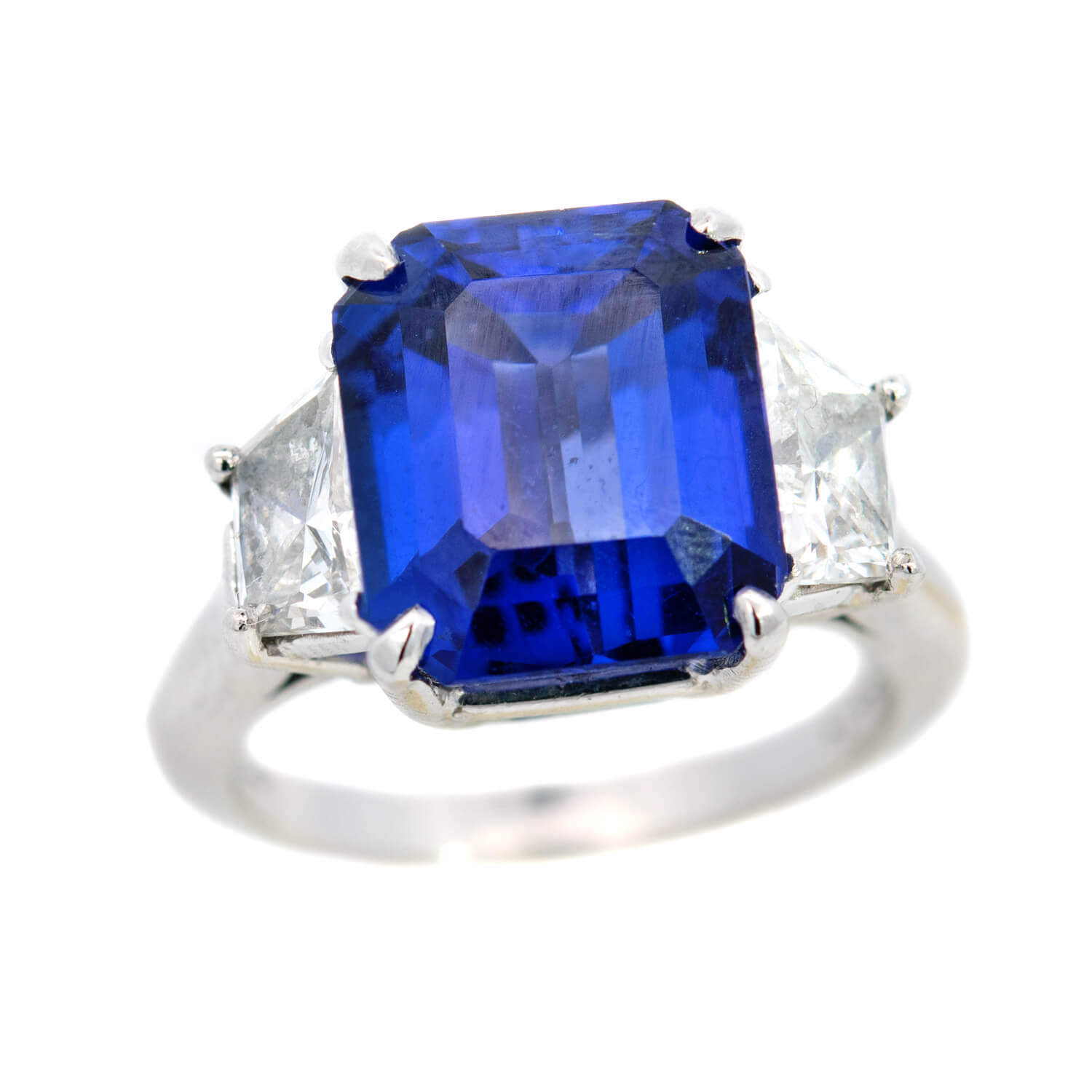 Estate Platinum Emerald Cut Tanzanite + Diamond Ring 6ctw