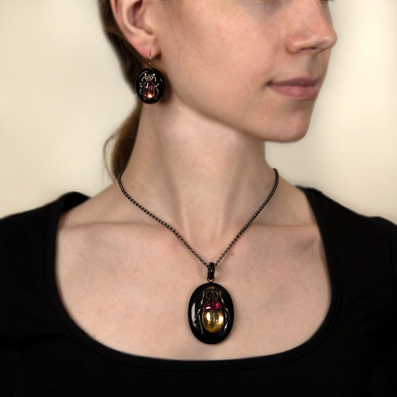 Victorian Jet + Quartz Scarab Pendant and Earrings Set