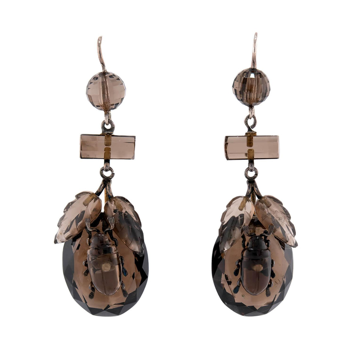 Victorian Sterling Silver Smoky Topaz Beetle-Motif Earrings
