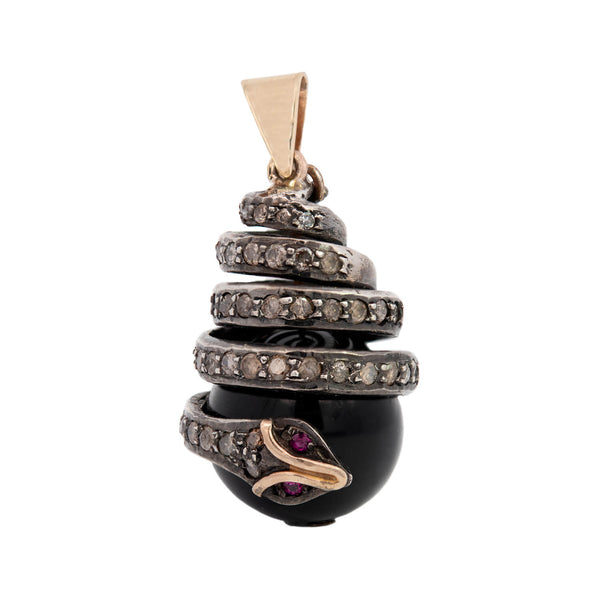 Victorian 14kt/Silver Onyx, Ruby & Diamond Curled Snake Pendant