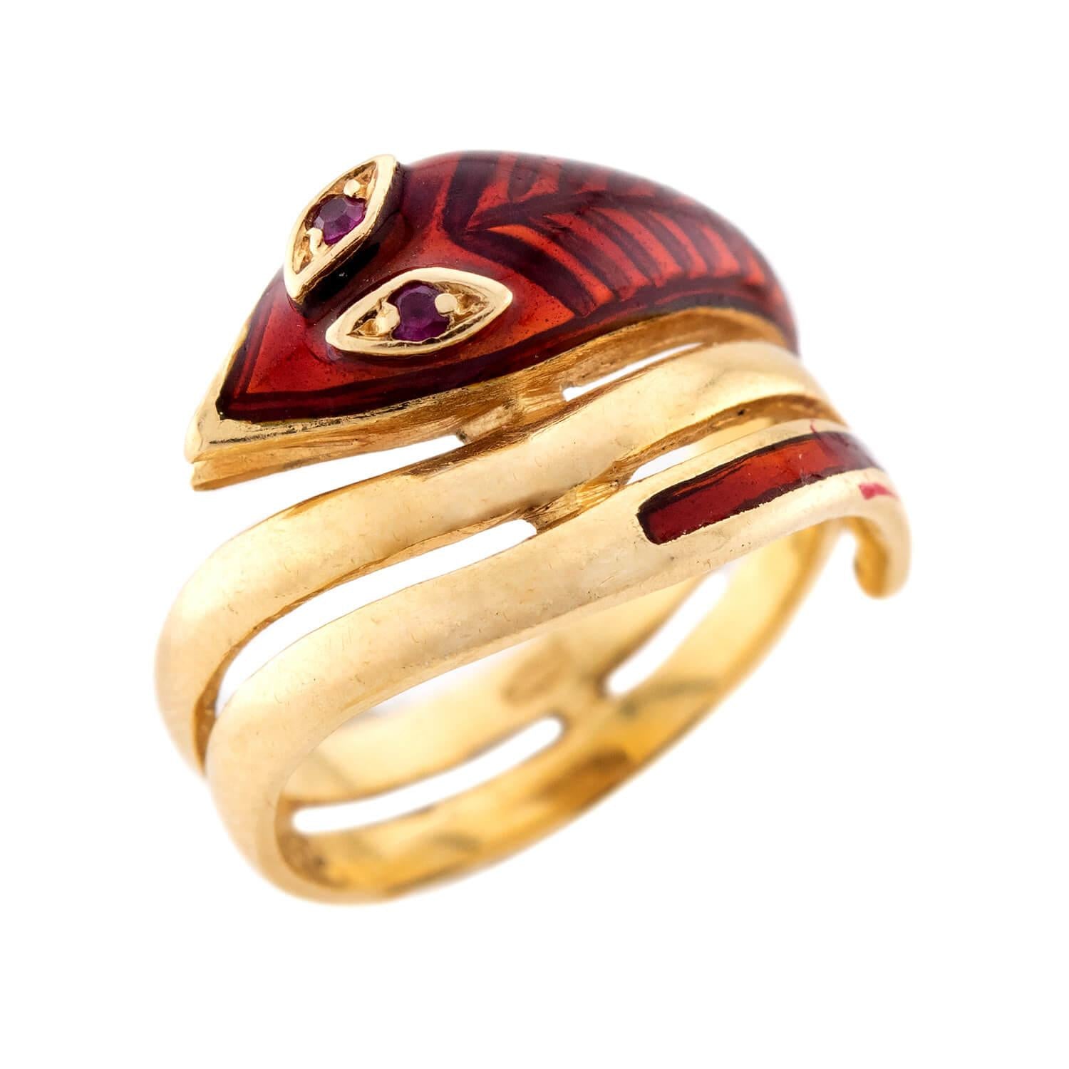 Estate 18k Ruby and Enamel Snake Ring
