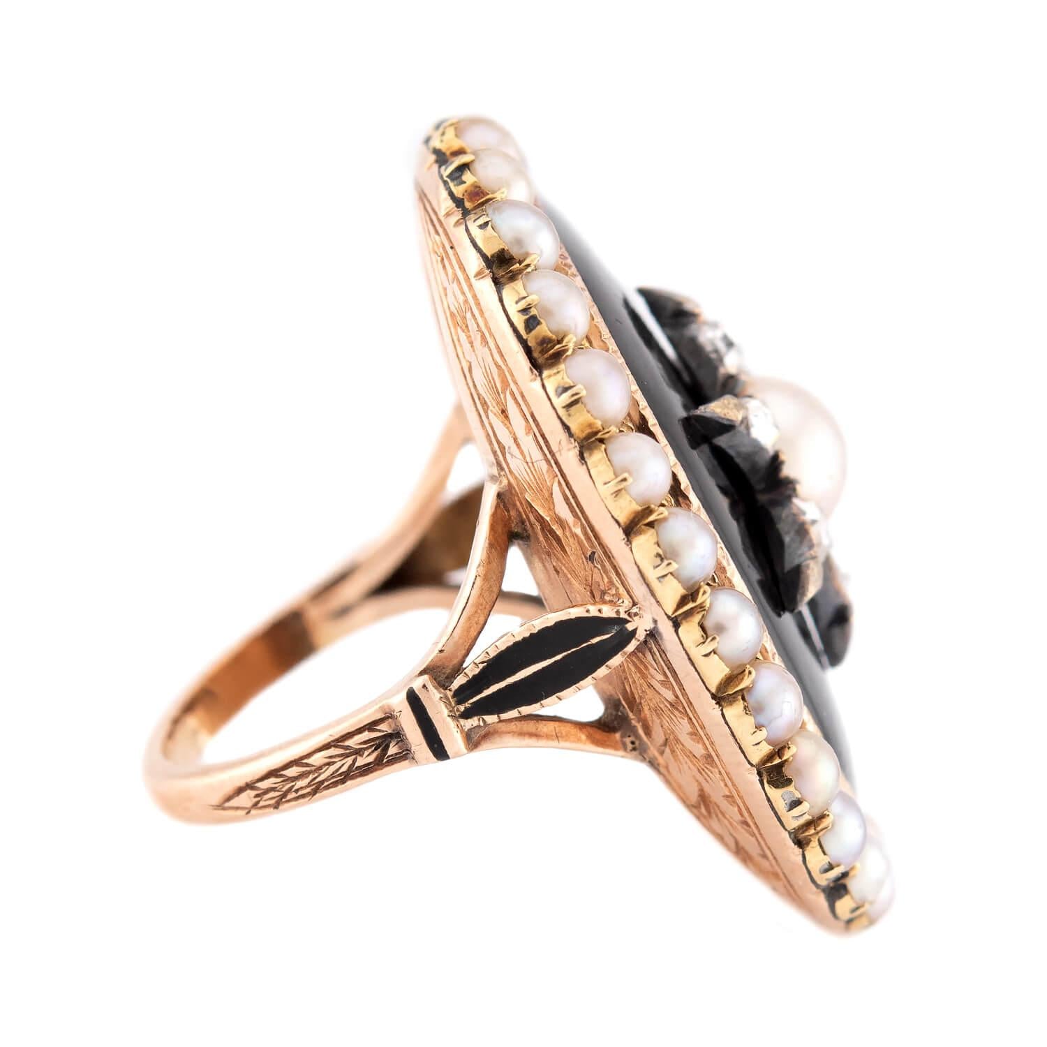 Victorian 14k Enamel, Pearl, & Diamond Starburst-Motif Ring