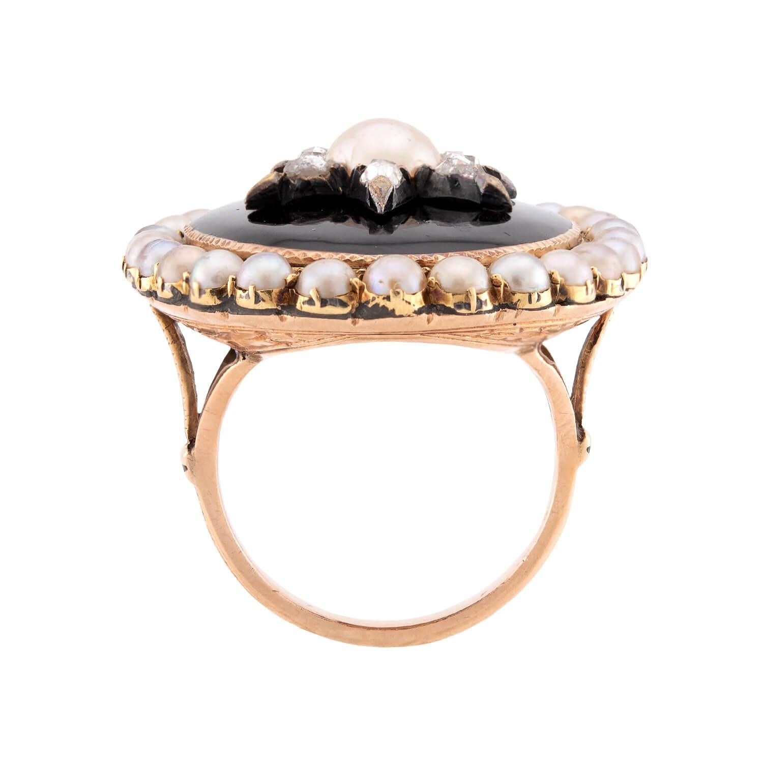 Victorian 14k Enamel, Pearl, & Diamond Starburst-Motif Ring