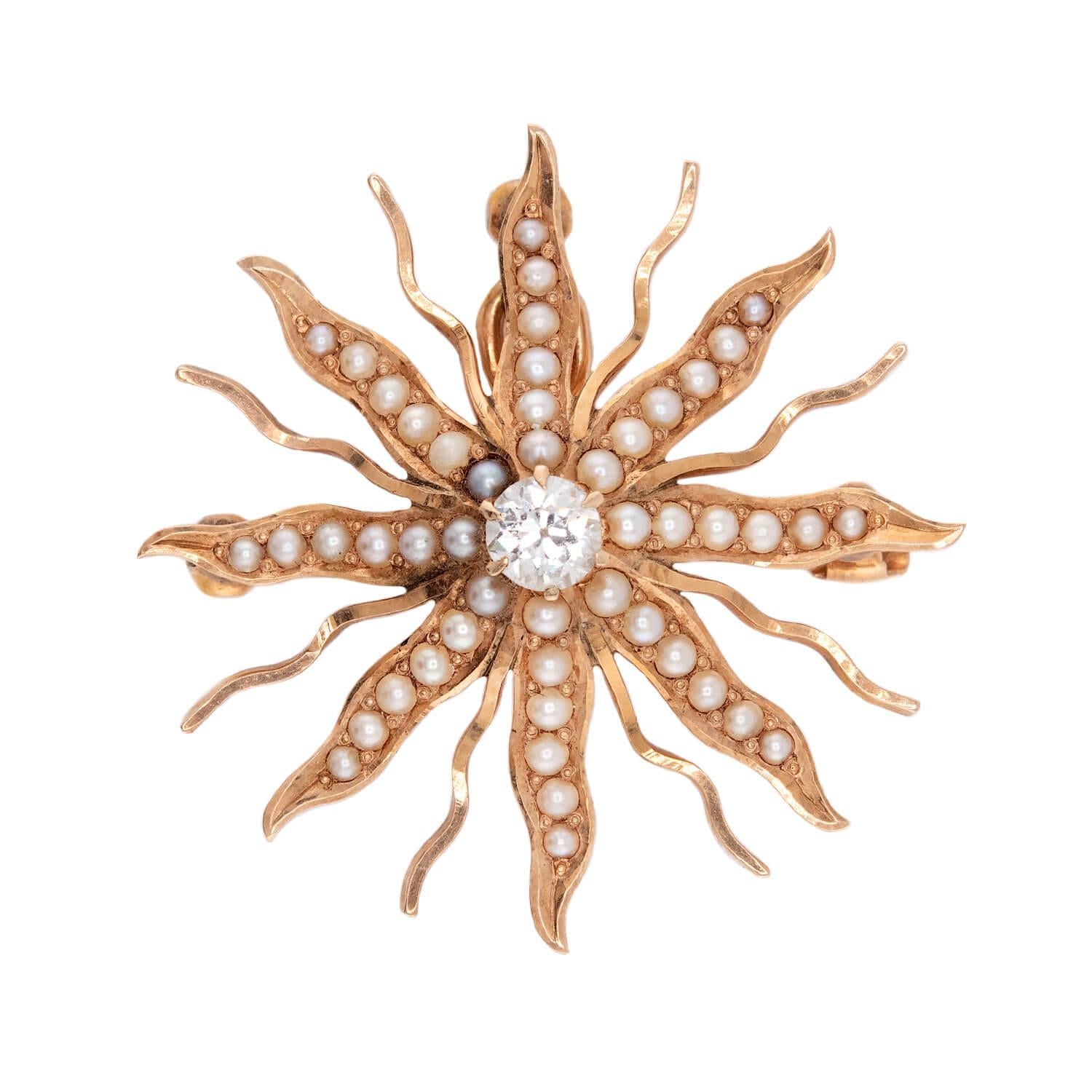 Victorian 14k Diamond & Pearl Sunburst Pin/Pendant