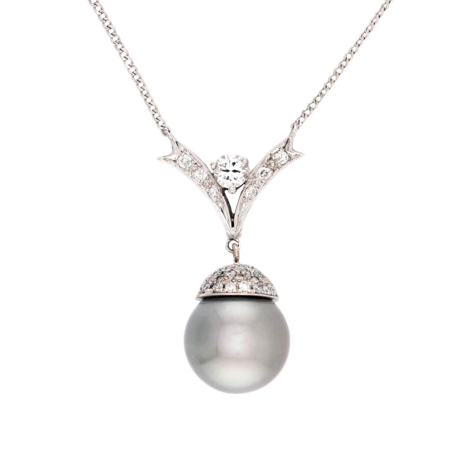 Estate 14k Tahitian Pearl & Diamond Pendant Necklace