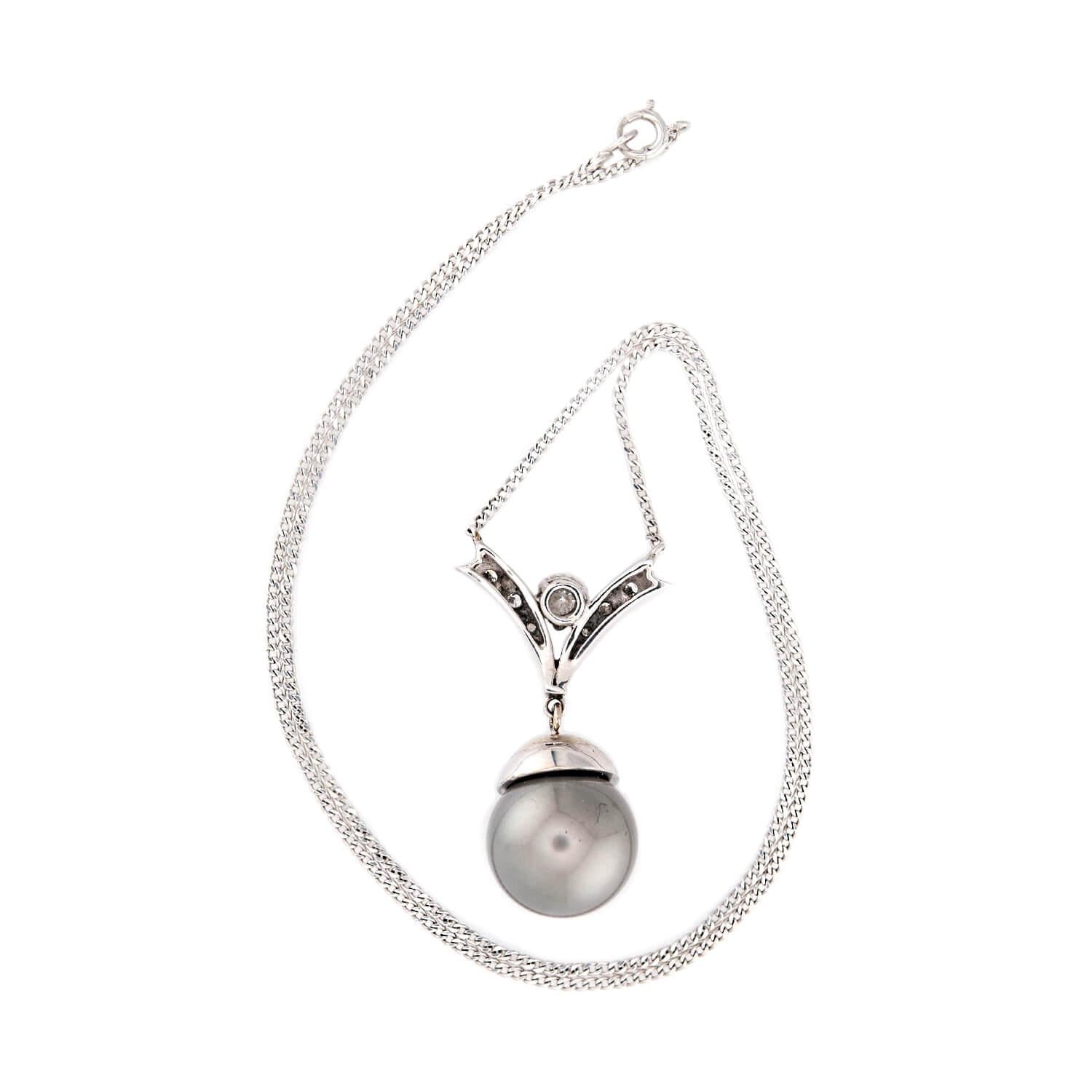 Estate 14k Tahitian Pearl & Diamond Pendant Necklace