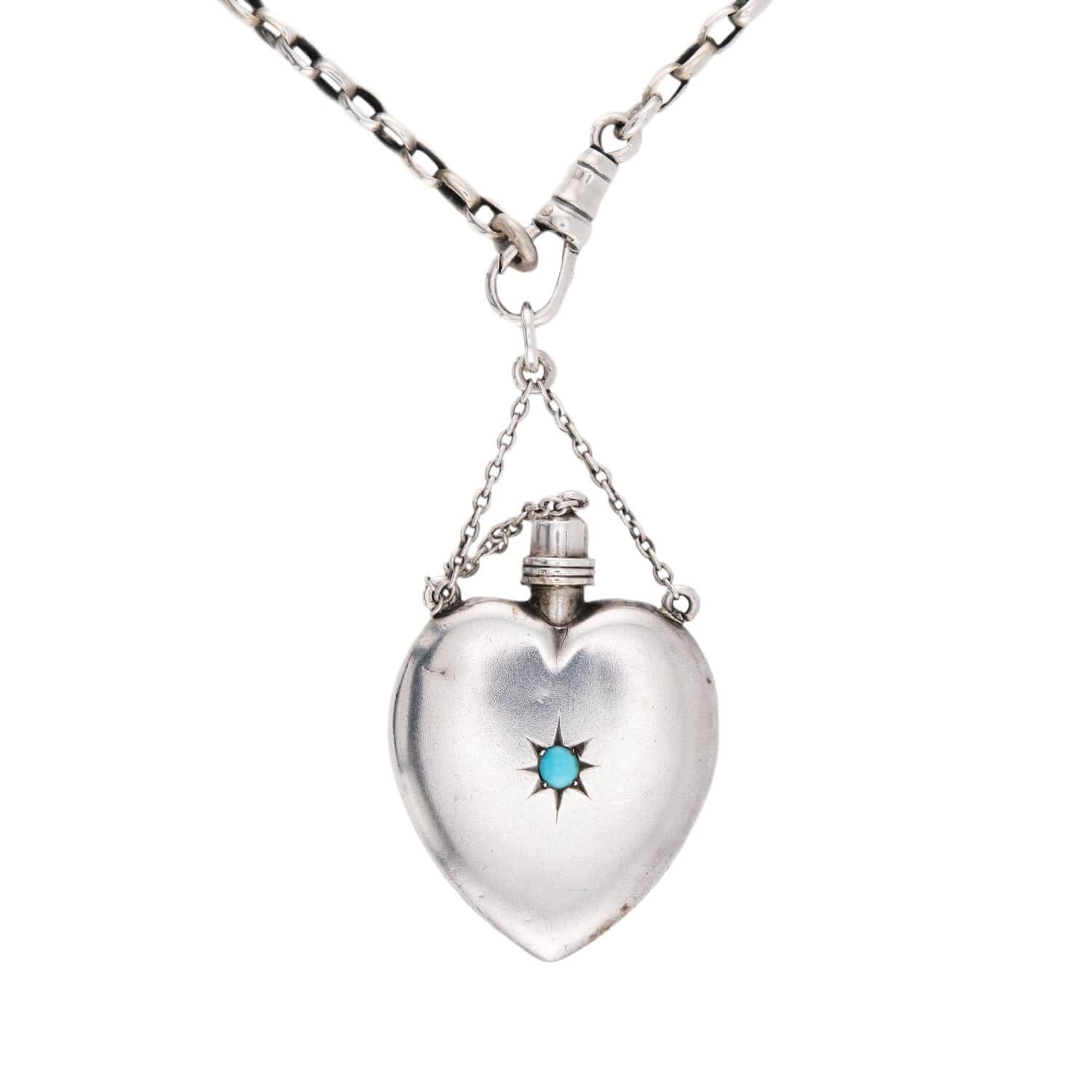 Victorian Sterling Silver Turquoise Heart Perfume Bottle Pendant Necklace