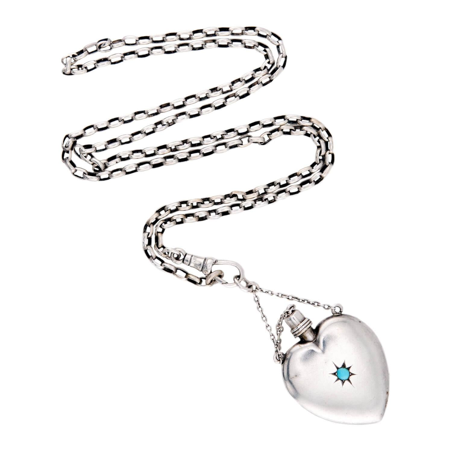 Victorian Sterling Silver Turquoise Heart Perfume Bottle Pendant Necklace